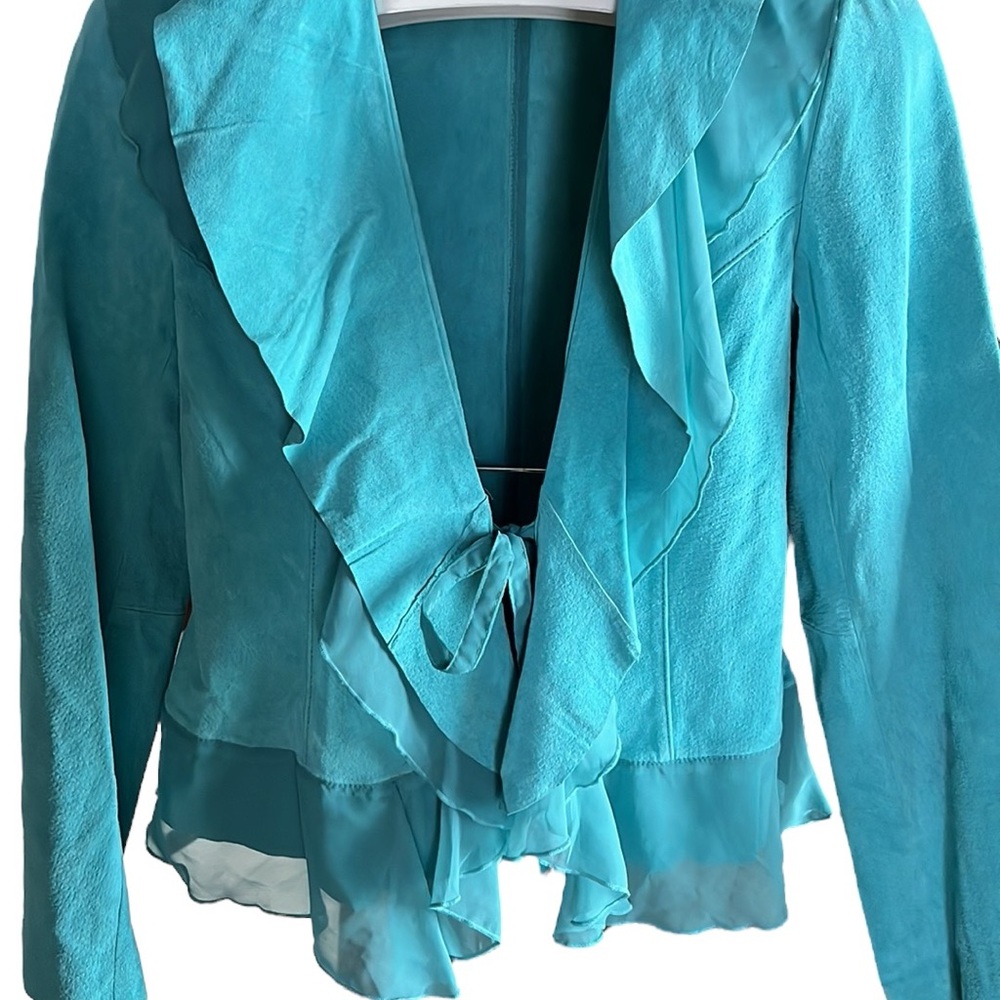 Dialogue Turquoise Ruffle Leather Jacket - Picture 5 of 12